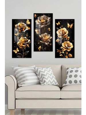 KutuTR 3D Görünümlü 2d Uv Baskı Temperli Cam Tablo Set – Altın Gül ve Kelebek 30X60 Cm- DCS045
