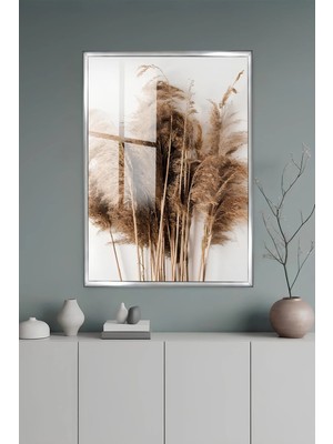 KutuTR Gri Alüminyum Çerçeveli Bej Tonlarında Pampas Otu Minimal Temperli Cam Tablo Uv Baskı -Silver GRCT151