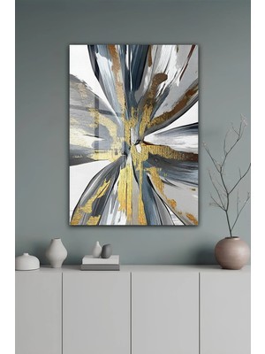 KutuTR Soyut Altın ve Gri Fırça Darbeli Modern Çiçek Temperli Cam Tablo 50X70 cm 2d Uv Baskı - YCT595