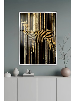 KutuTR Gri Alüminyum Çerçeveli Altın Zebra Desenli Temperli Cam Tablo 2d Uv Baskı -Silver GRCT120