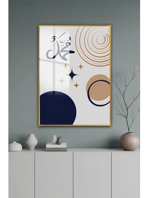 KutuTR Gold Alüminyum Çerçeve Muhammed Yazılı Geometrik Desenli Temperli Cam Tablo 2duv Baskı -Gold GCT153