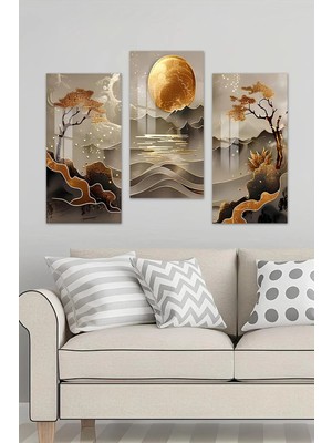 KutuTR 3D Görünümlü 2d Uv Baskı Temperli Cam Tablo Set – Altın Ay ve Dağ Silüeti Tasarımı 30X60CM- DCS010