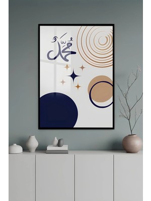 KutuTR Siyah Alüminyum Çerçeve Muhammed Yazılı Geometrik Desenli Temperli Cam Tablo Uv Baskı -Siyah SCT153