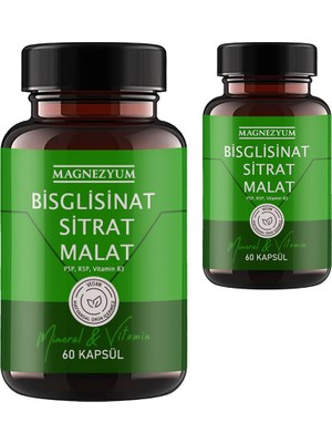 Magnezyum 2 Kutu Bisglisinat Magnezyum Sitrat Malat & Vitamin B2 B3 B6  ve Mineral Kapsülleri 60LI