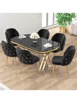 Canisa Zae Serisi 90X168 Lak Panel Siyah Mermer Desen Gold Ayak Masa Takımı 6 Sandalye