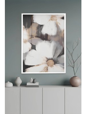 KutuTR Beyaz Alüminyum Çerçeve Soyut Beyaz Çiçek Desenli Temperli Cam Tablo Uv Baskı - Beyaz BCT104