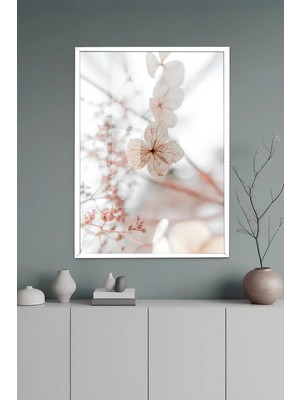 KutuTR Beyaz Alüminyum Çerçeve Minimal Pastel Çiçek Detaylı Temperli Cam Tablo Uv Baskı - Beyaz BCT148