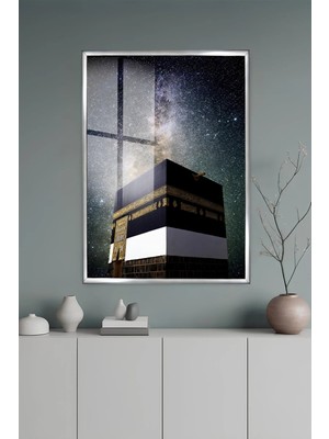 KutuTR Gri Alüminyum Çerçeveli Kabe ve Samanyolu Manzaralı Temperli Cam Tablo 2d Uv Baskı -Silver GRCT069