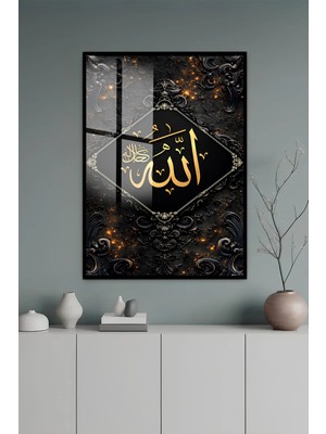 KutuTR Siyah Alüminyum Çerçeveli Allah Yazılı Altın Hat Sanatı Temperli Cam Tablo 2d Uv Baskı -Siyah SCT067
