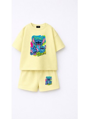 Fasardi Stitch Baskılı Oversize %100 Pamuk Tişört Şort Çocuk 2li Takım