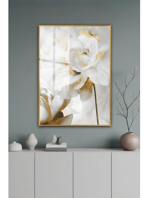 KutuTR Gold Alüminyum Çerçeve Beyaz Çiçek Temalı Modern Temperli Cam Tablo 2duv Baskı -Gold GCT152