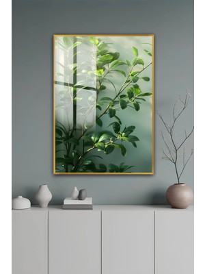 KutuTR Gold Alüminyum Çerçeve Yeşil Yaprak Temalı Minimal Temperli Cam Tablo 2duv Baskı -Gold GCT168
