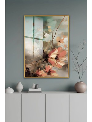 KutuTR Gold Alüminyum Çerçeve Pastel Tonlarda Soyut Çiçek Desenli Temperli Cam Tablo 2duv Baskı -Gold GCT181