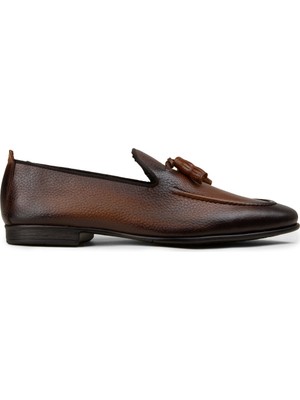 Deery Erkek Kahverengi Hakiki Deri Püsküllü Loafer - 01701MKHVC92