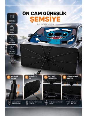 Saravita Stitch Şekilli Şemsiye Araç Güneşliği Katlanabilir Oto Ön Cam Güneşlik 140X80