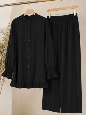 SFG Life Moda Kadın Çilek Kumaş Dik Yaka Düğmeli Fırfır Detaylı Tesettür Tunik Pantolon Ikili Takım
