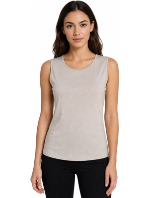 Desen Triko Kadın Sıfır Yaka Kolsuz Penye T-Shirt 26843 Bej