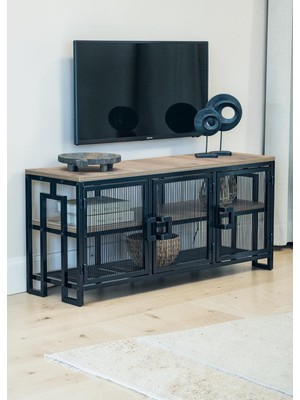 Dekoratif Metal Gövdeli Ahşap Raflı Tv Ünitesi 3 Raflı 3 Kapaklı Tv Sehpası 120 x 30 cm Televizyon Ünitesi