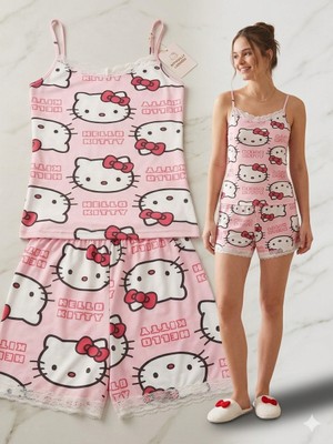 Milan Hello Kitty Desenli Dantel Detaylı Askılı Pembe Kadın Şortlu Pijama Takımı