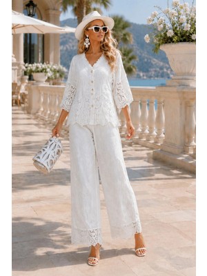 Asprin Fashion İthal Güpür Dantel İşlemeli Pantolonlu Takım