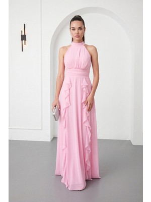 Lafaba Kadın Pembe Halter Yaka Şifon Uzun Abiye Elbise