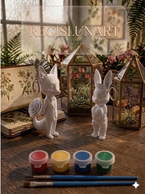 Regislunart Sevgililere Özel Kendin Boya 3D Figür Anahtarlık Seti -7cm Hemşire Kostümlü Tavşan Gül Buketli Tilki & Hediyelik Boyama Seti Date Hediye