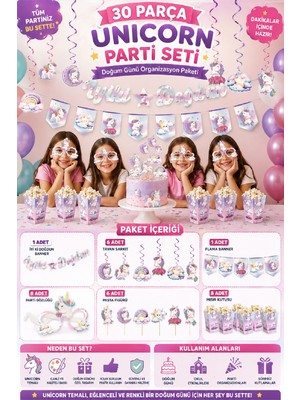 Bkmc Party Unicorn Parti Seti 30 Parça | Unicorn Doğum Günü Süsleri ve Parti Malzemeleri | Kız Çocuk Doğum Günü Konsepti