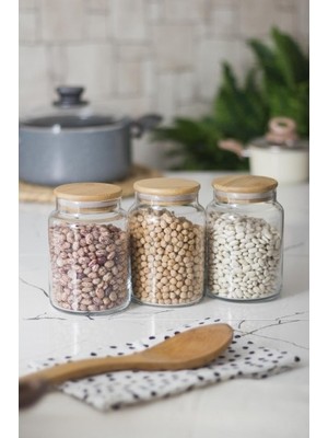 Bezos 3 Lü Set Bambu Kapaklı Cam Kavanoz & Erzak Saklama Kabı 800 ml Orta Boy ( Vakum Kapak )