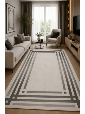 Norella Home Modern Çerçeve Desenli Kaymaz Taban Yıkanabilir Salon Mutfak Koridor Halısı Gri Dekoratif Halı