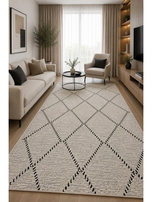 Norella Home Iskandinav Geometrik Desenli Kaymaz Taban Yıkanabilir Salon Mutfak Koridor Halısı Krem Siyah Dekoratif Halı