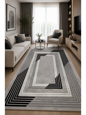 Norella Home Modern Geometrik Çerçeve Desenli Kaymaz Taban Yıkanabilir Salon Mutfak Koridor Halısı Gri Siyah Dekoratif Halı