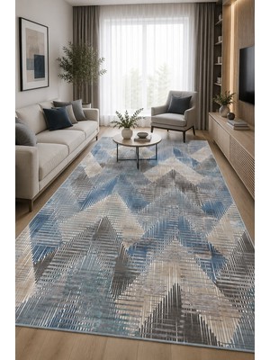 Norella Home Modern Geometrik Desenli Kaymaz Taban Yıkanabilir Salon Mutfak Koridor Halısı Mavi Gri Dekoratif Halı