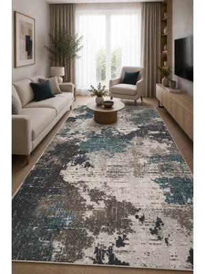 Norella Home Modern Soyut Desenli Kaymaz Taban Yıkanabilir Salon Mutfak Koridor Halısı Mavi Gri Dekoratif Halı
