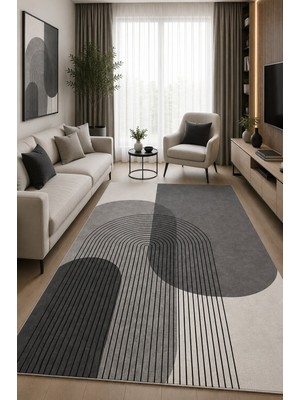 Norella Home Modern Minimalist Desenli Kaymaz Taban Yıkanabilir Salon Mutfak Koridor Halısı Gri Siyah Dekoratif Halı