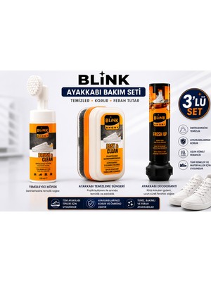 Blink Blınk Ayakkabı Bakım Seti 3'lü Paket Ayakkabı Temizleme Köpüğü 150 ml + Temizleme Süngeri + Ayakkabı Deodorantı