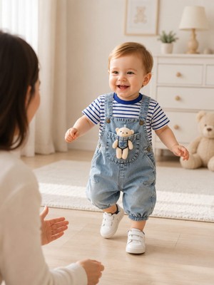 Bubiee Baby Erkek Bebek Ayıcık Detaylı Bahçıvan Kot Tulum ve Çizgili Tişört Takım