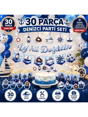 Bkmc Party Denizci Doğum Günü Süsleri 30 Parça | Banner, Gözlük, Pasta Süsü ve Mısır Kutusu Parti Seti