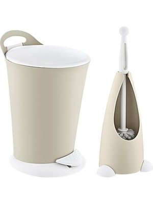 Larskas Smartware Penguen Pedallı Çöp Kovası ve Klozet Fırçası Set Latte