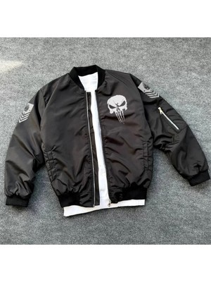 Nova Epoxy Art   Unisex Uzun Kol Kuru Kafa Baskılı Bomber Ceket - Siyah