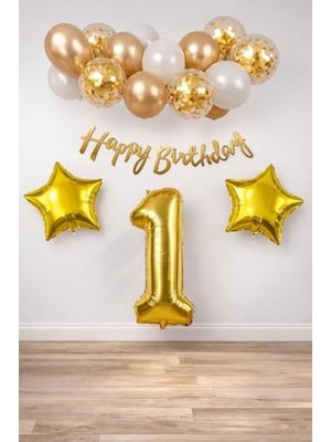 Larskas Gold Konsept Doğum Günü Kutlama Seti; Beyaz Gold Konfetili Balon, Rakam Yıldız Folyo ve Banner (1)