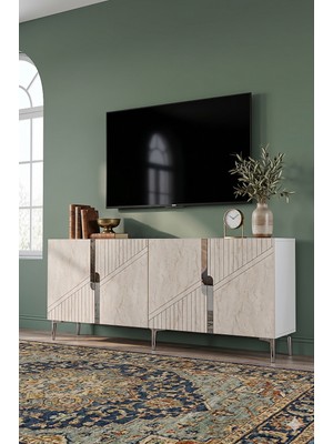 Yumedi Design KA1528BTS - Meba Konsol, Tv Sehpası, Çok Amaçlı Dolap ve Kahve Köşesi 150CM Beyaz-Traverten-Silver