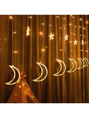Larskas Ay Yıldız Figürlü Perde LED Işık, 3.5 Metre 12 Sarkıtlı Dekoratif Aydınlatma, 8 Fonksiyonlu ve Eklenebilir Fişli, 3200K Günışığı (Sarı) Ramazan ve Ev Dekoru          [enerji Sınıfı A]