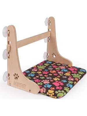 Larskas Gobypet Güçlü Vantuzlu Kedi Cam Yatağı, Cama Asılan Ahşap Kedi Yatağı, Pencere Önü Dinlenme Alanı, Çıkarılabilir Minderli, Standart (Patili Desen)