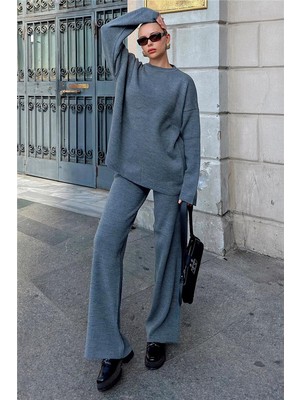 Swist Füme Bisiklet Yaka Oversize Kazak-Pantolon Örgü Kadın Alt-Üst Takım