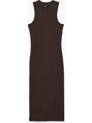 Koton Kaşkorse Pamuklu Slim Fit Bisiklet Yaka Kolsuz Fitilli Bodycon Midi Elbise