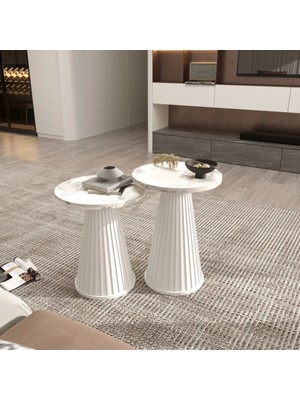 Klubeconcept Beyaz Yivli Mermer Desenli Mdf Yan Sehpa Takımı | Minimal Dekor