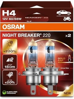 Larskas Osram H4 Night Braker 220 Ampul, 12V,%220 Fazla Işık, 2'li Paket