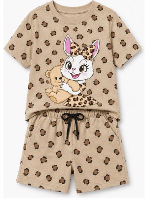 Yiğit Butik Kız Çocuk Tavşan Baskılı Leopar Desenli Şortlu Takım Yazlık Ikili Takım