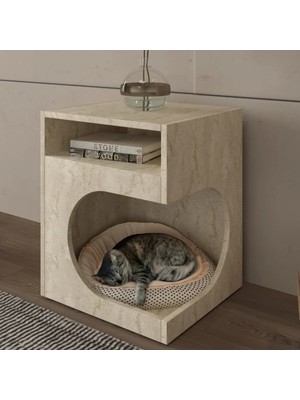 Klubeconcept Calmcorner Gümüş Detaylı Mermer Desenli Evcil Hayvan Evi ve Sehpa