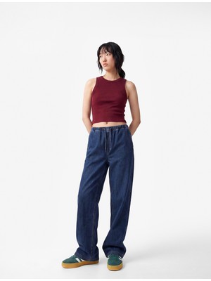 Koton Beli Bağcıklı Cep Detaylı Bol Paça Denim Pantolon